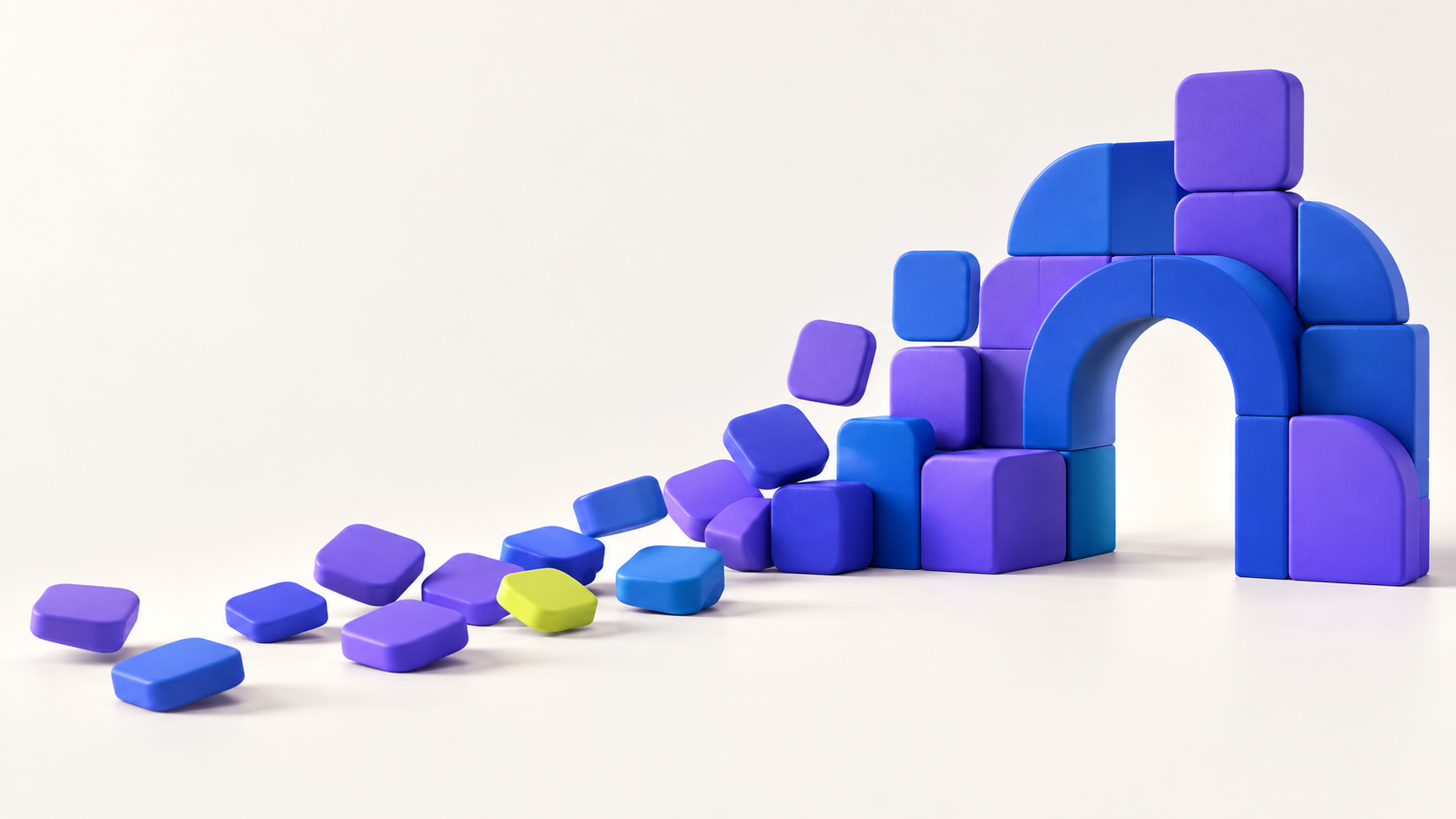Loose violet and blue tiles coming together to form an arch